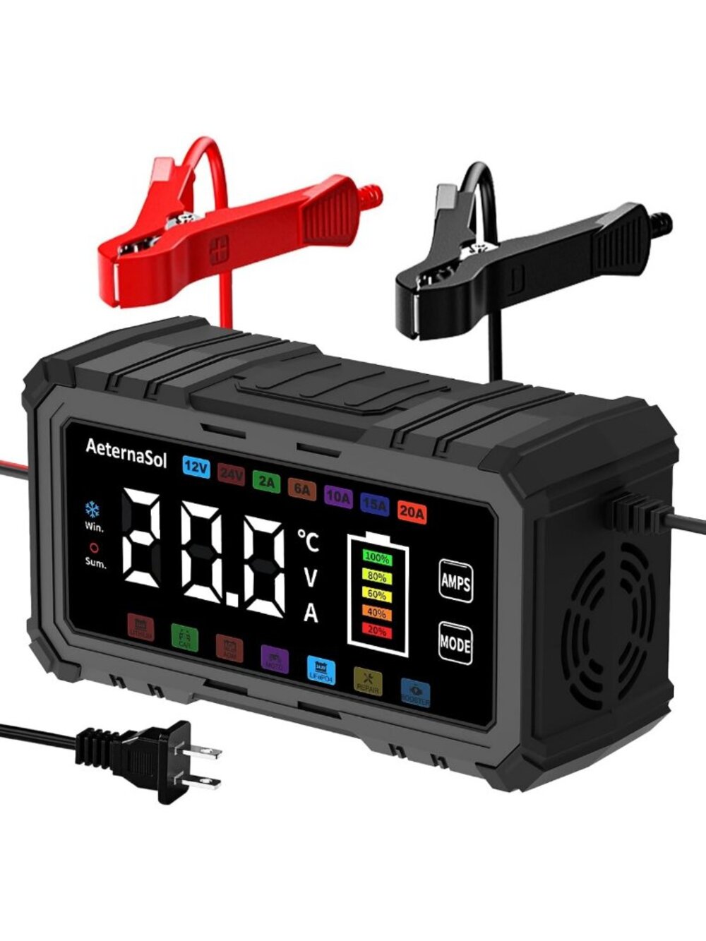 Smart 20A Car Battery Charger & Maintainer - 12V/24V Trickle Charge, Fast